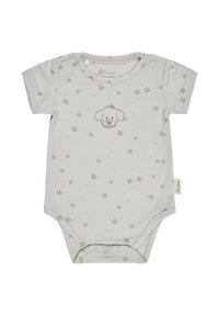 Light gray baby onesie made of soft cotton, featuring a dog face and scattered paw print patterns in beige. Snap closure at the bottom.