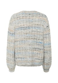 Neulepusero, jossa on pyöreä selkäosa, joka on valmistettu tekstuurisesta harmaasta kankaasta, jossa on sinisiä, beigejä ja mustia raitoja. Pitkät hihat, joissa on resorit.