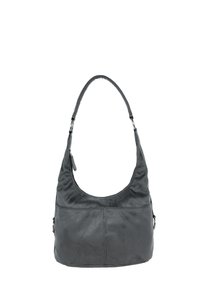 Leather shoulder bag in dark gray with a curved top and a single strap. Features a smooth texture and a front pocket with zipper detail.
