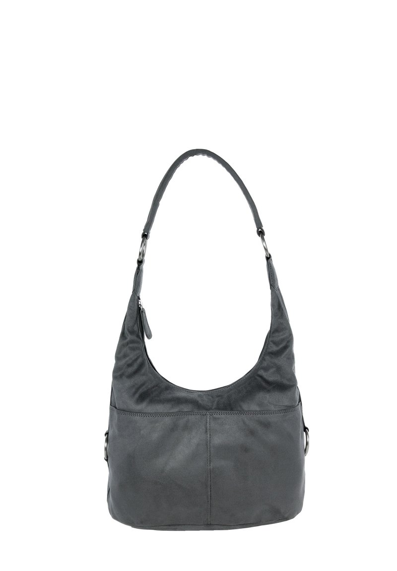 Leather shoulder bag in dark gray with a curved top and a single strap. Features a smooth texture and a front pocket with zipper detail.