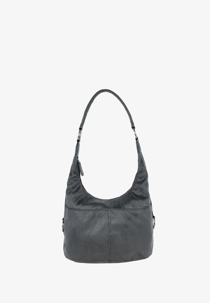 Leather shoulder bag in dark gray with a curved top and a single strap. Features a smooth texture and a front pocket with zipper detail.