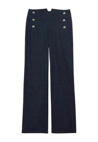 Pantalons en denim foncé à jambe large avec une taille haute, dotés de cinq boutons en métal argenté à l'avant et d'une texture de tissu lisse et propre.