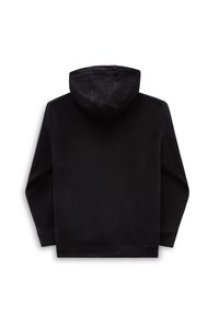 Felpa nera realizzata in un morbido tessuto testurizzato. Presenta una tasca a marsupio e un cappuccio a tre pezzi senza loghi o decorazioni visibili.