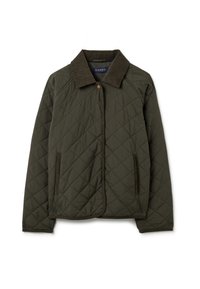 Dunkelgrüne gesteppte Jacke mit Cordkragen, Knopfverschluss und zwei vertikalen Seitentaschen, flach auf einem weißen Hintergrund ausgelegt.