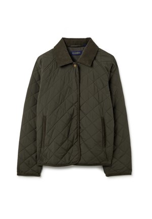 Giacca trapuntata verde scuro con collo in corduroy, chiusura a bottoni e due tasche laterali verticali, posata su uno sfondo bianco.