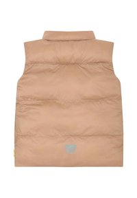 Beige Steppweste mit hohem Kragen, Reißverschluss, gestepptem Material und einem kleinen blauen Bärenemblem auf der unteren linken Seite.