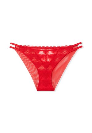 Red lace bikini with sheer paneling, scalloped edges, and dual strap details on the sides. Soft texture with a fitted shape.