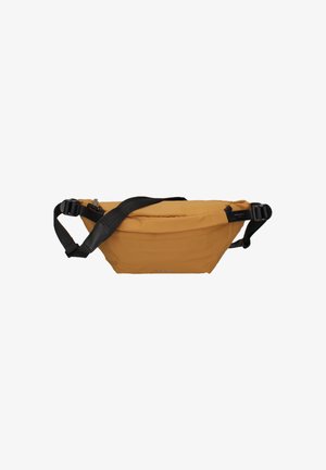 Marsupio in tessuto giallo senape, con chiusura lampo, tracolla nera regolabile e un design elegante e minimalista. Superficie texture.