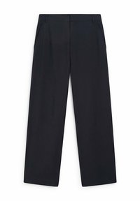 Pantaloni a gamba larga di un blu scuro, realizzati in un tessuto liscio. Presentano due tasche laterali e una vita sartoriale per un aspetto strutturato.