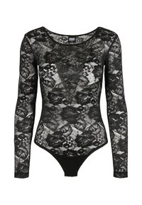 Black long-sleeve lace bodysuit with floral pattern, scoop neckline, and fitted silhouette designed by Urban Classics.