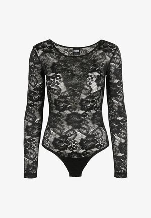 Black long-sleeve lace bodysuit with floral pattern, scoop neckline, and fitted silhouette designed by Urban Classics.