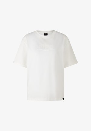 T-shirt blanc à manches courtes en tissu doux, avec un logo texturé 'FIRE + ICE' en strass sur la poitrine.