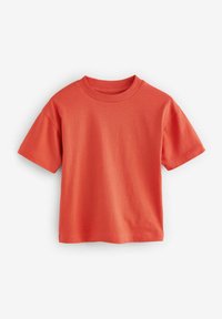 T-Shirt mit kurzen Ärmeln in leuchtendem Korallenrot, aus glattem Baumwollstoff. Hat einen geribten Rundhalsausschnitt und einen lockeren Schnitt.