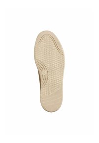 Beige shoe sole with a textured, patterned surface featuring circular grips and ridged accents for traction. Smooth edges and rounded shape.