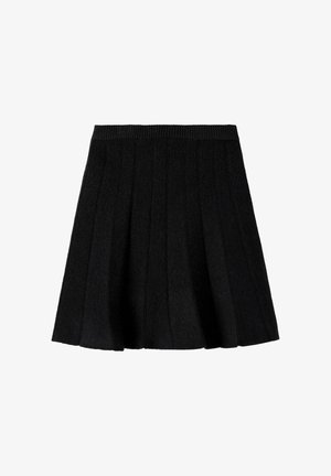 Black pleated skirt made of textured fabric with a ribbed waistband, featuring a flared silhouette and structured panels.