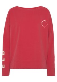 Červený sweatshirt s dlhým rukávom a širokým výstrihom. Na ľavom rukáve sa nachádza biele písmo a na hrudi je kruhové logo. Hladká textúra látky.