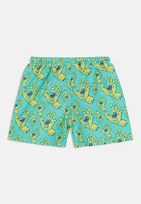 Kup swim shorts s elastičnim strukom, s tirkiznom pozadinom i ponovljenim uzorkom žutih crtanih ruku s otvorenim ustima.