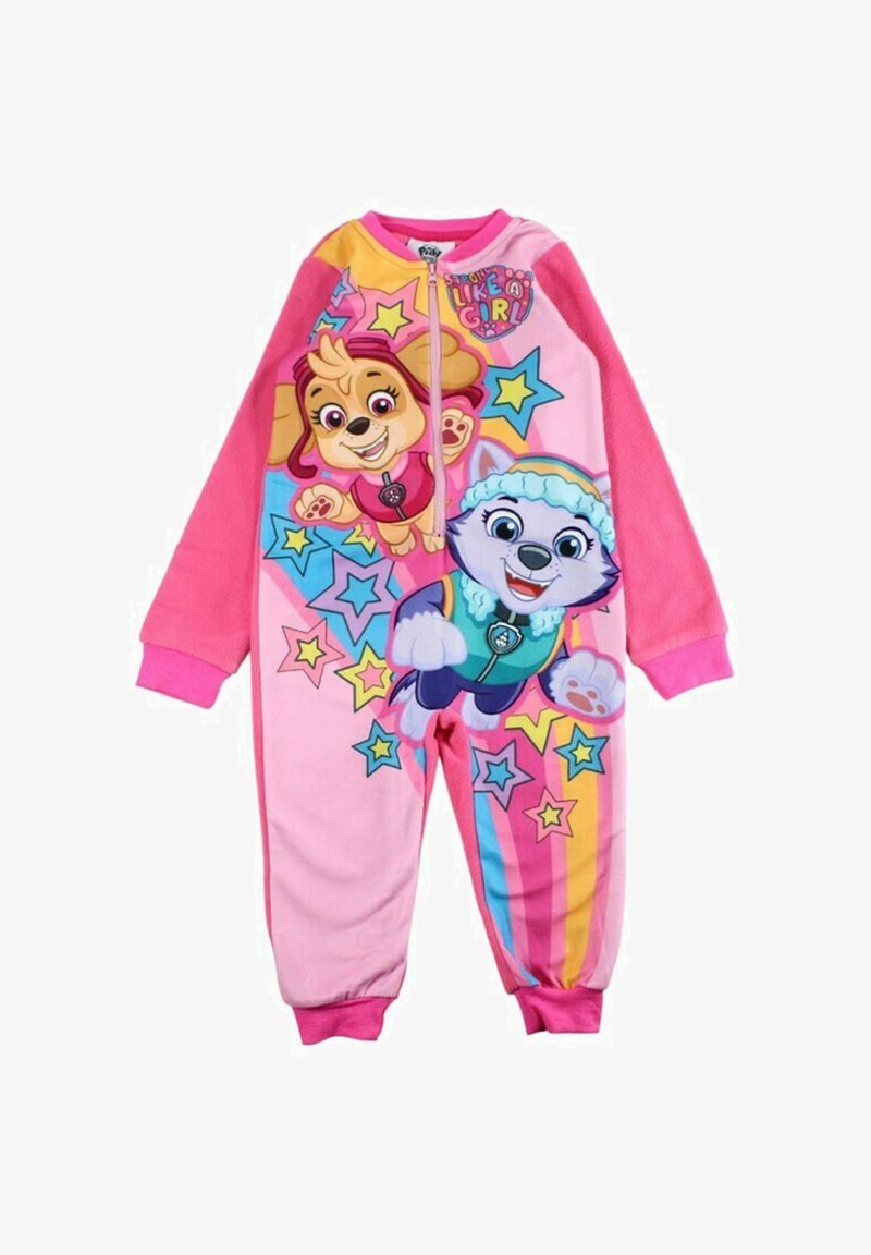 Grenouillère rose avec des dessins de chiens cartoon sur le devant, accompagnée d'étoiles colorées et de motifs à rayures. Tissu doux, fermeture éclair et poignets côtelés.