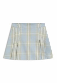 Blauwe geruite rok met groene en witte strepen, geplooid ontwerp, effen tailleband en logo-detail in de rechterbenedenhoek.
