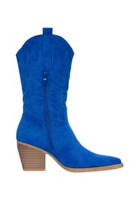 Botas de vaquero de ante azul con punta afilada, parte superior texturizada, cremallera lateral y un tacón bajo apilado. Presenta costuras decorativas en el cañón.