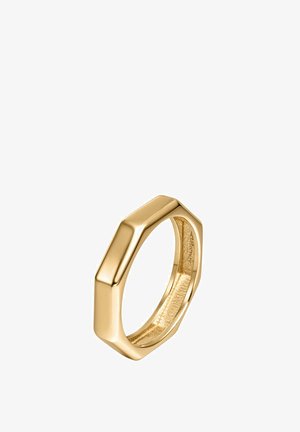 Anillo octagonal de oro con una superficie lisa y pulida. Diseño simple con bordes planos y un interior hueco. Ideal para apilar.