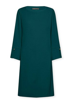 Abito teal con maniche a tre quarti, scollatura rotonda e dettagli con bottoni sulle maniche. Tessuto liscio con un colore uniforme e design fino al ginocchio.