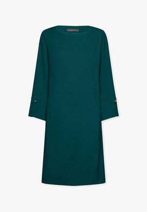 Vestido verde azulado con mangas tres cuartos, escote redondo y detalles de botones en las mangas. Tejido suave de un color sólido y diseño hasta la rodilla.