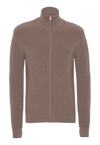 Brauner Reißverschluss-Pullover mit hohem Kragen, gerippter Struktur, langen Ärmeln und umgeschlagenen Säumen. Gerader Saum und dezente Nähedetails.