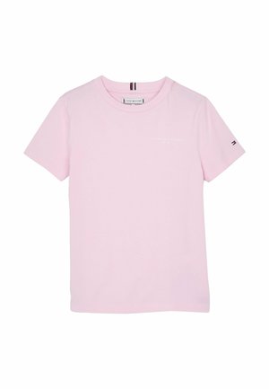 T-shirt in cotone rosa a maniche corte con scollo rotondo, caratterizzato da un logo bianco sul davanti e un piccolo emblema sulla manica.