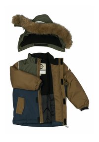 Hnědá a námořnicky modrá zateplená bunda s odnímatelnou kapucí. Má ozdobný lem z umělé kožešiny, zapínání na suchý zip a prošívanou podšívku pro teplo.