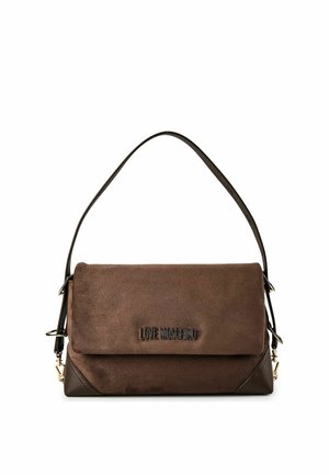 Sac à épaule Love Moschino en daim et cuir marron avec fermeture à rabat et détails en métal doré.