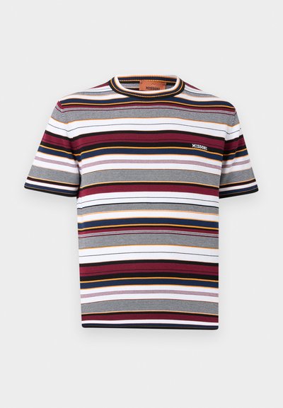Short-sleeve crewneck cotton t-shirt with horizontal stripes in maroon, navy, white, black, and mustard, featuring Missoni logo on chest.