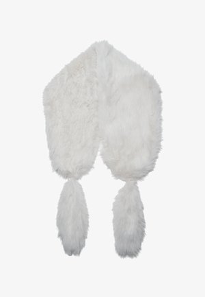 Écharpe en fausse fourrure blanche douce avec deux extrémités duveteuses, conçue pour la chaleur et le style.