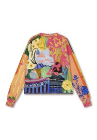 Kleurrijke, cropped sweatshirt met lange mouwen. Bevat verschillende bloemen- en landschapspatronen in roze, oranje, blauw en groen. Katoenmengsel.