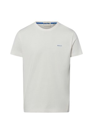 T-shirt blanc à manches courtes col rond avec petit logo "GANT" bleu sur la poitrine gauche et bordure bleue à l'intérieur de l'encolure.