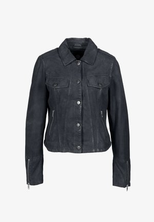 Giacca nera in pelle con colletto, chiusura frontale con bottoni, tasche sul petto e dettagli con cerniera sulle maniche. Texture liscia.