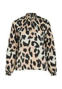 Long-sleeve leopard print blouse with gathered high neckline and elastic cuffs in beige, black, and white tones.