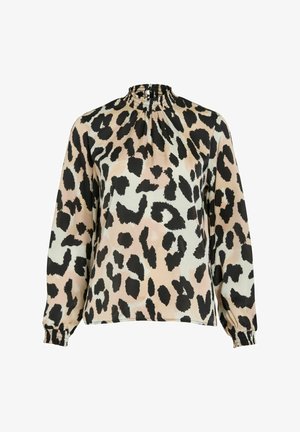 Blusa a maniche lunghe con stampa leopardata, con collo alto arricciato e polsini elastici in tonalità beige, nero e bianco.
