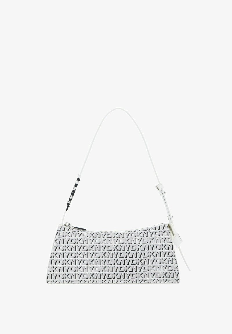 Sac à bandoulière rectangulaire blanc avec motif du logo DKNY noir, sangle réglable et tirette de fermeture éclair en argent.