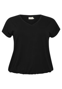 Czarna koszulka V-neck z krótkimi rękawami, wykonana z miękkiego materiału. Posiada luźny, swobodny krój z zaokrąglonym dołem. Bez wzorów ani ozdób.