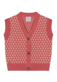 Veste tricotée sans manches rose avec motif triangulaire rose clair, encolure en V, trois boutons à l'avant et bords côtelés.