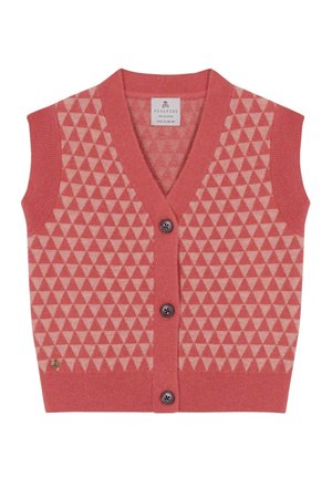 Gilet sans manches à boutons et pantalon assorti avec un motif de triangles géométriques rose et beige, porté par une personne aux bras détendus.