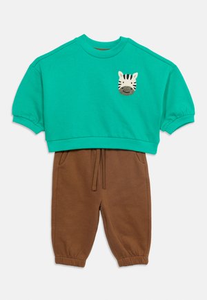 Hanorac verde cu mâneci scurte, cu un patch cu fața unei zebre, asortat cu pantaloni jogger maro, cu talie și glezne elastice.