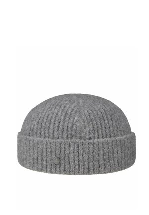 Gray knit wool beanie hat with folded brim and small branded metal button on one side, isolated on white background.