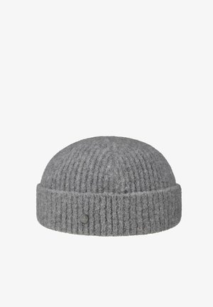 Gray knit wool beanie hat with folded brim and small branded metal button on one side, isolated on white background.