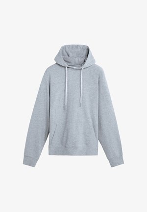 Grijze hoodie gemaakt van zachte stof, met een kangoeroezak, verstelbare trekkoorden en geribbelde boorden aan mouwen en zoom. Soepele textuur.