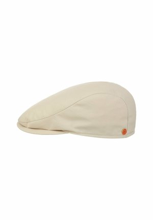 Beige flat cap with smooth fabric and a small round orange logo tag on the side.