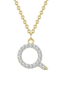 Zelta kaklarota ar apļa formas "Q" kulonu, rotātu ar caurspīdīgiem kristāliem, izceļot teksturētu ķēdi un pulētu apdari.