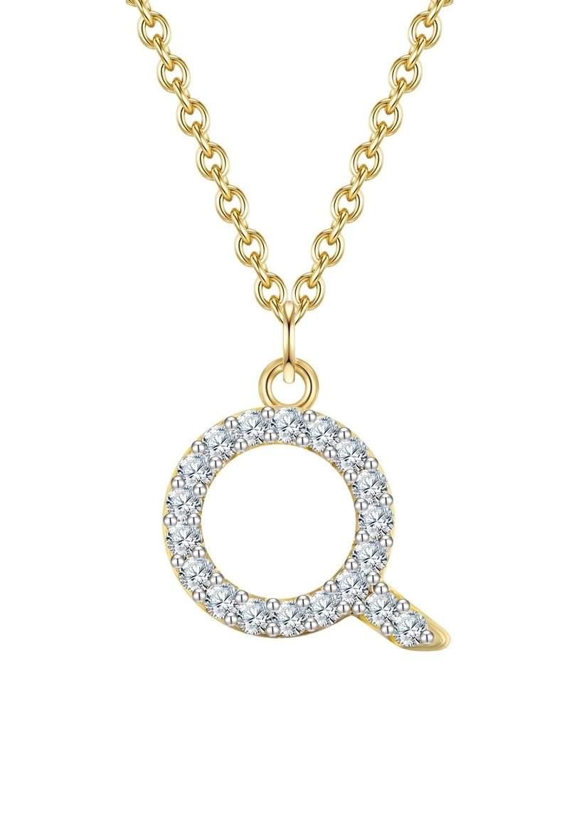 Zelta kaklarota ar apļa formas "Q" kulonu, rotātu ar caurspīdīgiem kristāliem, izceļot teksturētu ķēdi un pulētu apdari.