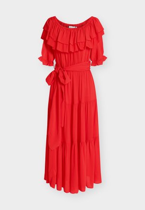 Rotes Midi-Kleid mit schulterfreiem Schnitt, gerafftem Ausschnitt, Puffärmeln, Stufensaum und einer gebundenen Taillenschärpe.